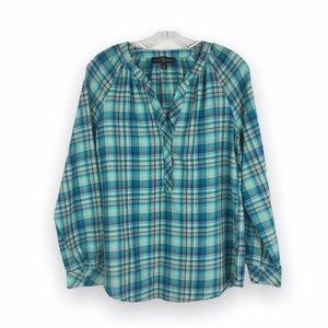 Fred David Womens Small Cotton Blue & Tan Plaid Long Sleeve Popover Top Shirt S‎